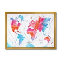 DesignArt 'Светска мапа во сина и розова' модерна врамена уметност печатење