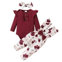 Бебе Девојки Облека Поставува Еднобојни Долги Ракави Врвот Цветни Печати Камизола Панталони Ленти Во Собата