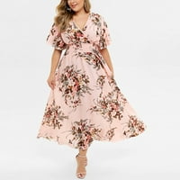 Плус Големина Мода Жени Цветни Печатени V-Вратот Краток Ракав Обичен Фустан Фустани За Жени Розова