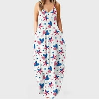 Женска Смена Фустан Денот На Независноста Прекрасна Мода Печатење Без Ракави Дами Џеб Камизола Долг Фустан V-Вратот Удобност