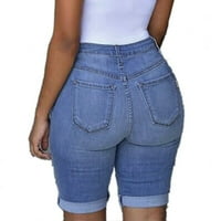 pxiakgy фармерки за жени жени еластични уништени дупки хеланки кратки панталони тексас шорцеви искинати фармерки сини + xxl